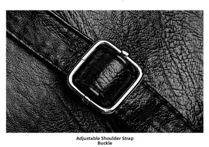 Detail of adjustable silver buckle on black pebbled leather shoulder bag strap