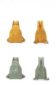 Front and back detail of nylon backpacks in yellow and green with adjustable straps