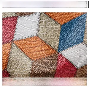 Macro detail of patchwork PU leather showing crocodile and litchi textures with black stitching