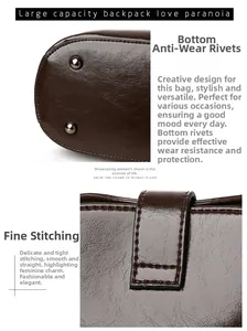 Close-up of vintage dark brown faux leather bag with bottom rivets and precise stitching detail
