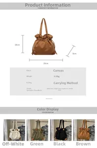 Detailed size chart and multi-color options for the large canvas tote bag with drawstring