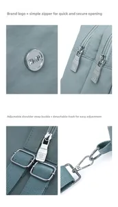 Detail of durable nylon backpack with metal zippers, logo plate and adjustable buckles