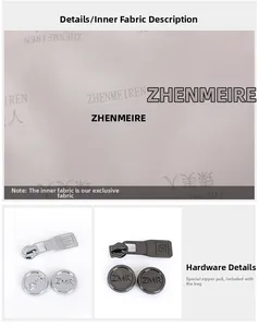 Detail of premium jacquard lining and branded metal hardware with ZMR engraved zippers