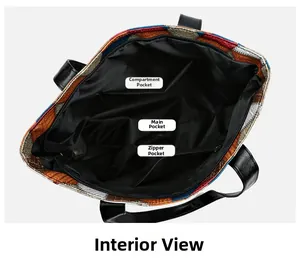 Detailed interior of checkered tote bag with main compartment and zipper pocket