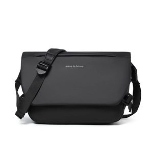 Black waterproof messenger bag with Move to Future print and adjustable strap
