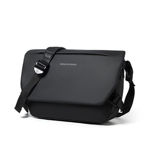 Waterproof black messenger bag with 'move to future' print and adjustable strap