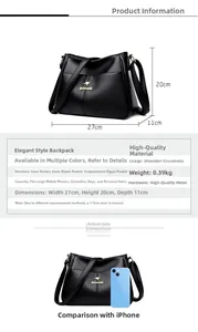 Detailed view of black textured leather bag with dimensions 27x20x11cm and golden logo