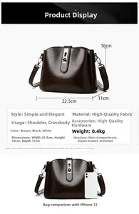 Detailed size specifications of the dark brown bucket bag with shiny patent leather texture