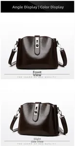 Detail of dark brown glossy leather bucket bag showing front and side views with silver clasp