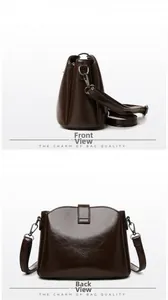 Side and back view of the dark brown glossy leather crossbody bag with metal hooks
