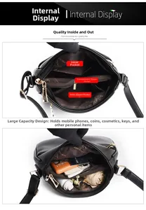 Detail of the multi-layer interior and large storage capacity of the black leather bag
