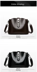 Detail view of glossy brown and black leather bucket bags with silver metal turn-locks