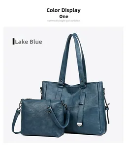 Détails de l'ensemble de sacs bleu lac avec grand cabas et petite bandoulière assortie