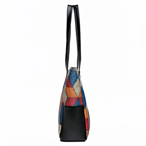 Litchi grain PU leather tote bag with colorful geometric patchwork and black shoulder straps