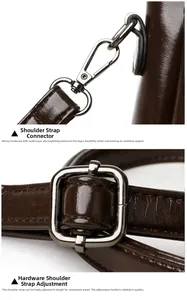 Detail of silver-tone hardware buckle and adjustable strap on dark brown bucket bag