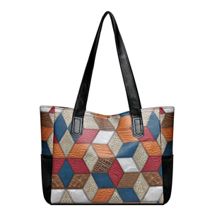 Large PU leather tote bag with colorful geometric patchwork and crocodile texture