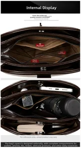 Internal view of the dark brown leather bucket bag showing main compartment and pockets