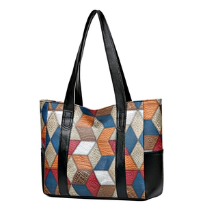 Large PU leather tote bag with colorful geometric patchwork and crocodile texture