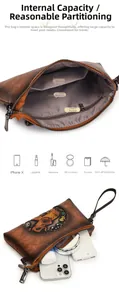 Detailed view of brown leather bag interior with multiple compartments and elephant emboss