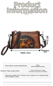Detail view of vintage brown envelope bag with elephant embossing and product dimensions