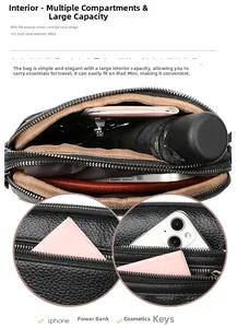 Internal view of a multi-compartment leather bag showing large storage for daily items