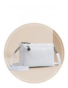 Detail of white crocodile pattern PU leather crossbody bag with multi-zipper compartments