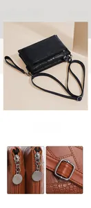 Detail of PU leather crossbody bag featuring crocodile texture and round metal zippers
