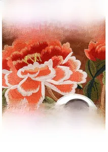 Detailed view of exquisite peony embroidery and smooth double zipper on brown leather handbag