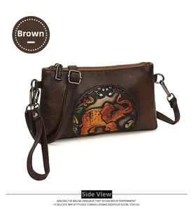 Detail of vintage brown leather bag with embossed elephant and floral patterns