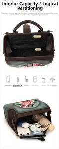 Detailed interior view of a vintage peony embroidery handbag with daily essentials storage
