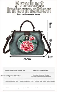 Detail view of green leather handbag with peony embroidery and specific dimensions