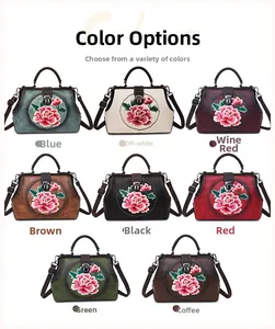 Detailed grid showing eight colors of vintage top-handle bags with peony embroidery