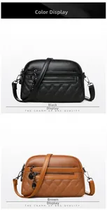 Detail of pebbled leather crossbody bags with quilted pattern and triple zipper design