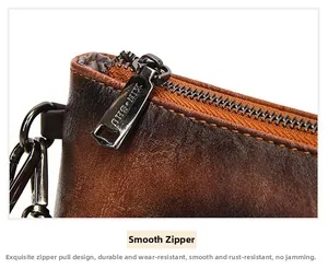 Detailed close-up of dark brown vintage leather texture and durable metal zipper on bag