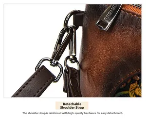 Detail of detachable shoulder strap with embossed flower pattern on brown vintage leather bag