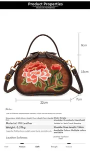 Detail view of semi-circular brown PU leather bag with floral peony embroidery art