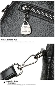 Detail of lychee textured leather bag with kangaroo logo zipper and gunmetal hooks