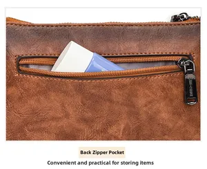 Detailed close-up of retro brown leather bag with functional rear zipper pocket