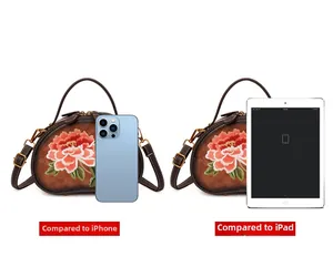 Size comparison of the floral embroidered crossbody bag against an iPad and iPhone