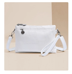 Detailed macro of white crocodile-texture crossbody bag with multiple zippers and wide strap