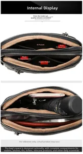 Internal view of black crossbody bag showing multiple compartments and inner pockets