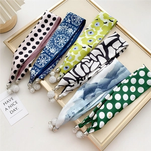 Narrow Satin Feel Printed Scarf Necklace With Magnetic Rhinestone Ball Clasp Elegant Neck Ribbon For Women