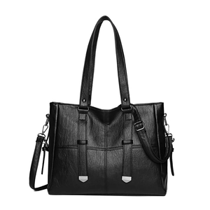 Classic black pebbled leather tote bag with silver hardware and adjustable shoulder strap