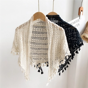 Femme Crochet Creux Triangle Châle Écharpe Avec Glands Tricot Été Mince Bohème Épaule Wrap
