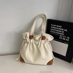 Grand Sac Fourre-Tout En Toile À Cordon Pour Femmes Style Japonais Décontracté Sac À Bandoulière Seau Avec Empiècement En PU