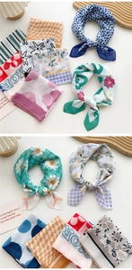 Detail of assorted floral and geometric print cotton linen square neck scarves for women