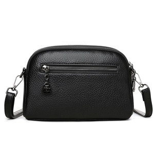Elegant black lychee leather square crossbody bag with dual zippers and silver hardware