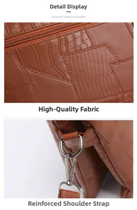 Detail of caramel crocodile embossed leather bag with silver metal zipper and reinforced strap