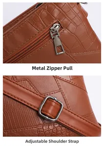 Detail of embossed leather texture with metal zipper and adjustable shoulder strap buckle