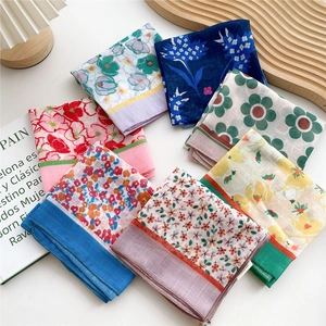 Women Floral Printed Polyester Square Scarf Literary Korean Style Neckerchief Fashion Small Scarf For Daily Travel Office Wear